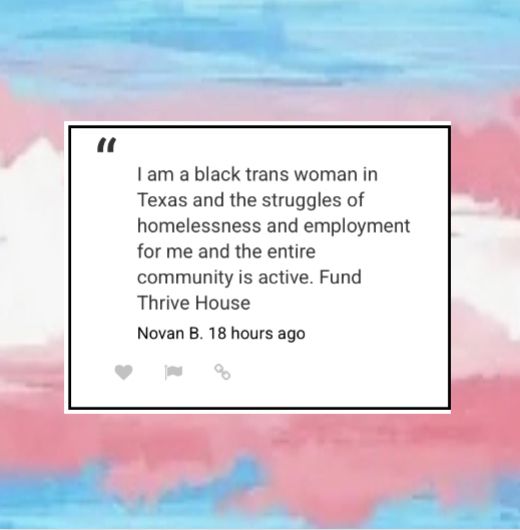 Blue, pink, and white color background with a square white colored background with black letters written in the center 
“I am a black trans woman in Texas and the struggles of homelessness and employment for me and the entire community is active. Fund Thrive House”
Novan B. 18 hours ago