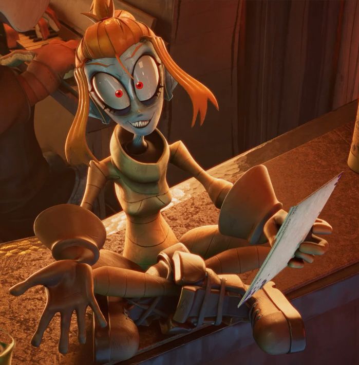 Picture of main character Mel from the glitch animated series The Gaslight District, sitting with her legs crossed on a table with a written piece of paper in her hand 