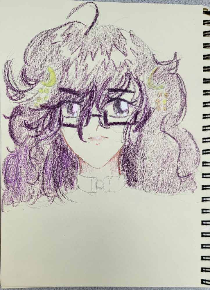 An androgynous figure with purple hair done in colored pencil
