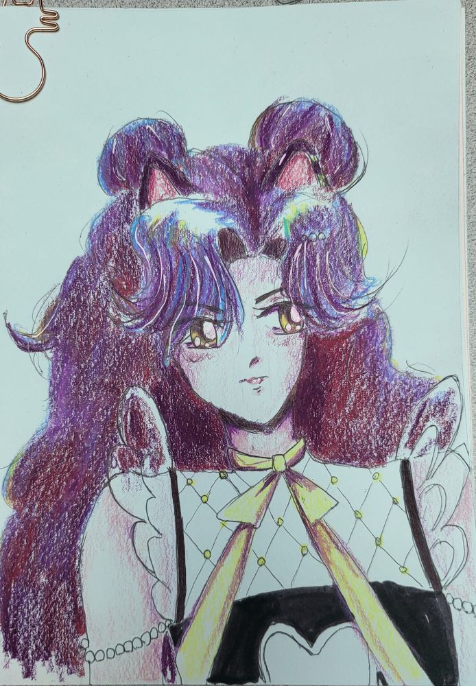 An androgynous figure with purple hair in colored pencil and ink