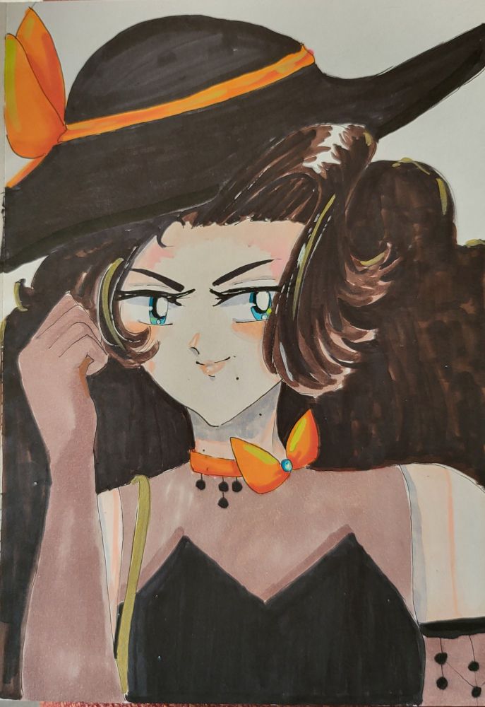 A feminine figure with dark brown hair colored in marker 