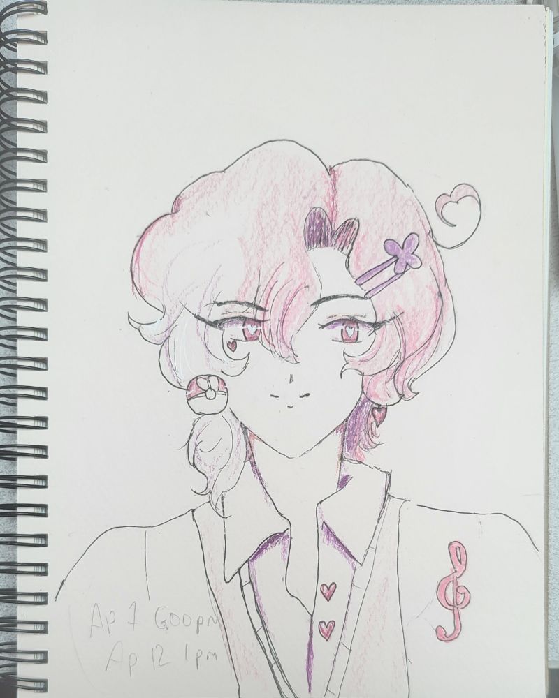 A pink haired masculine figure looking off to the side. He's got a love ball hair ornament.