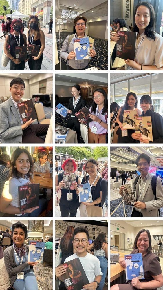 A collage of 12 pictures; each frame shows one or two AAJA conference participants. Each person is holding up a print magazine copy of Nieman Reports and smiling. 