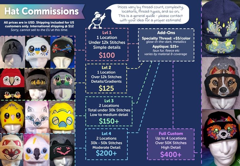 Brushfeather's hat commission sheet. Prices in USD: $100 for one location with a simple face/details, $125 for one detailed location, $150+ for 2 medium detail locations, $200+ for 30k-50k stitches / moderate detail in 2 locations, and $400+ for full coverage and detail throughout the hat. 