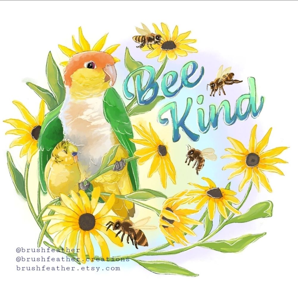 A digital watercolor painting of a white bellied caique with its wing over a yellow budgie. The two are perched on an array of black eyed susans, and the budgie is comfortably asleep. There are 4 honeybees buzzing harmlessly around them. To the right it reads "Bee Kind" in a green and blue ombre script. 