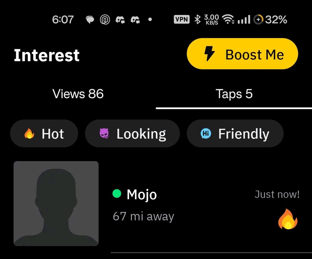 Grindr interest page on the Taps tab. One person is shown, Mojo, who doesn't have a profile picture and is 67 miles away.