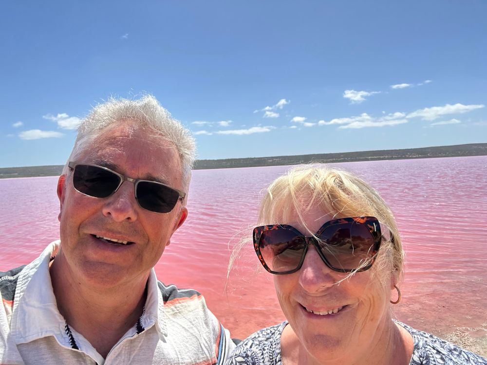 Lovely pink lake at Port Gregory with 2 windswept Brits