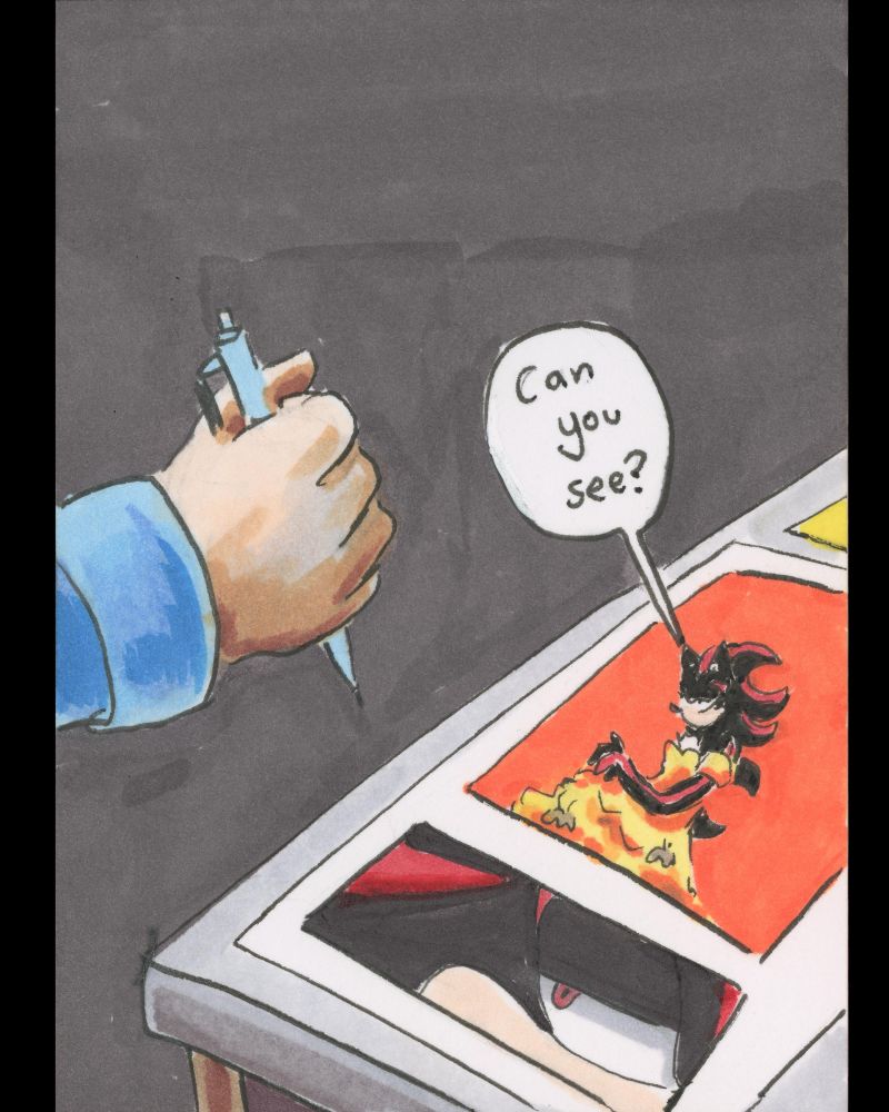 Text bubble from shadow coming off the page to the readers saying “can you see?”