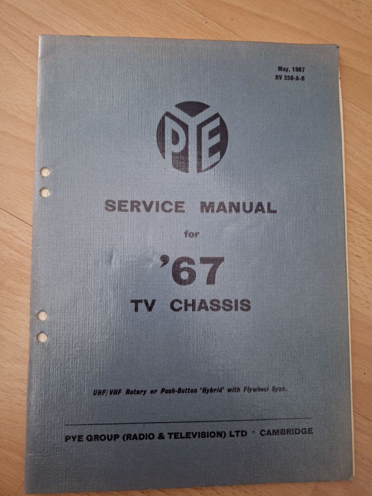 Picture of an old service manual for the Pye 1967 TV Chassis. 