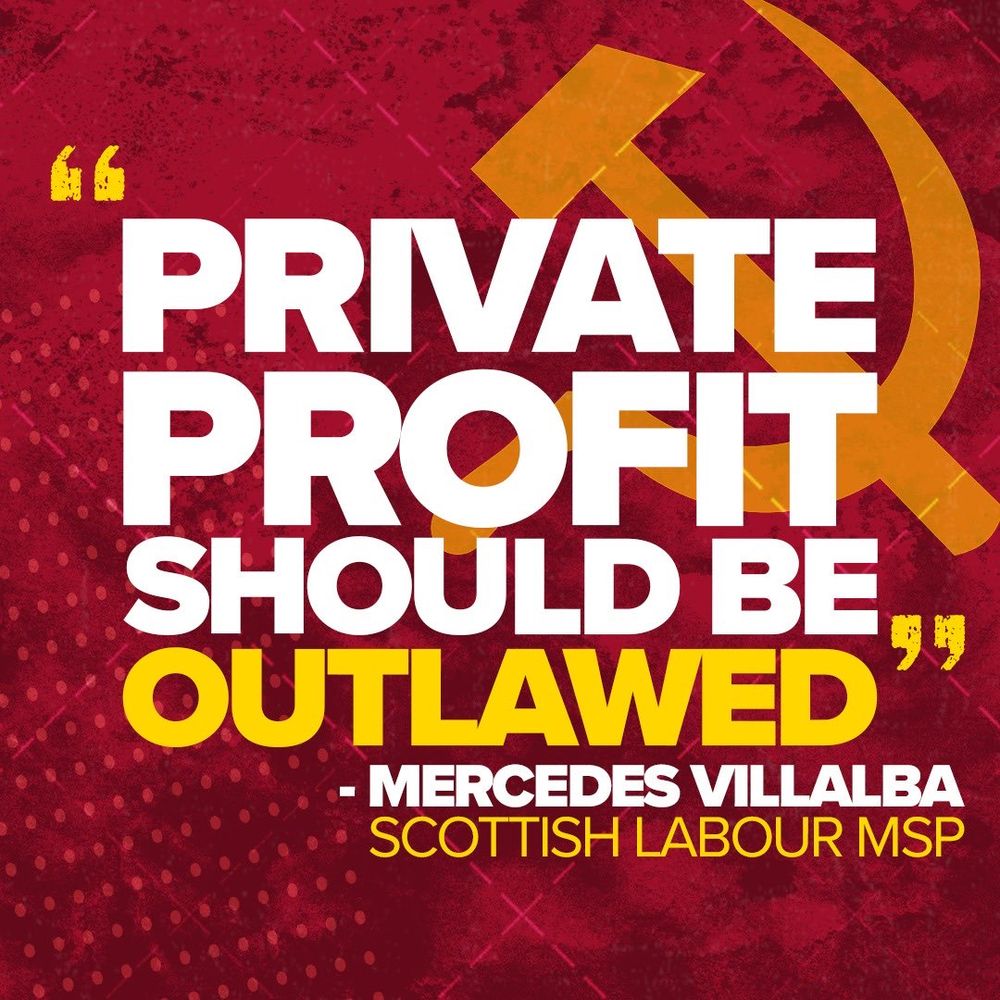 A graphic of a quote from Mercedes Villalba saying ‘Private Profit Should Be Outlawed’ with a hammer and sickle behind it and a cool red and gold pattern affect across the background of the graphic