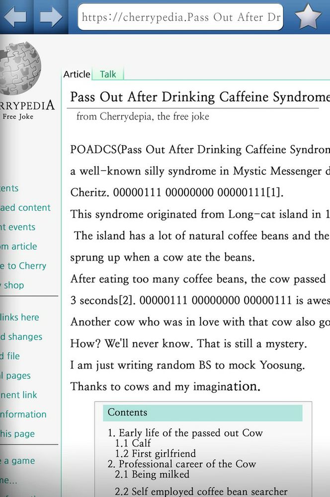 A fake wikipedia called Cherrypedia with a fake article on Pass out after drinking caffeine syndrome.