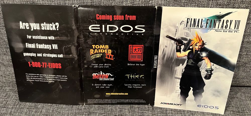 Final Fantasy 7 box open on the front cover side, showing other PC games being released by Eidos and the Eidos phone number for game tips