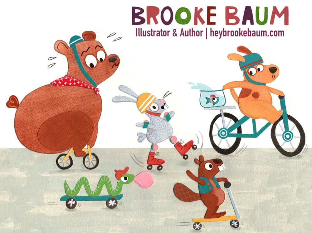 A collage, gouache, and colored pencil illustration of animals on a ride together. A bear on a bike looking nervous, a rabbit losing control on roller skates, a dog on a bike grabbing a fish in a bowl that was sliding off the back, a snake on a skateboard, and a beaver on a scooter.