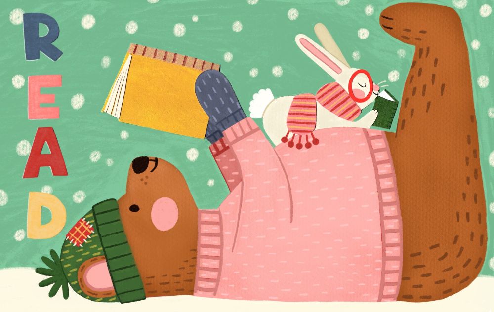 A bear and bunny in winter clothing reading in the snow with the work "Read" on the side.