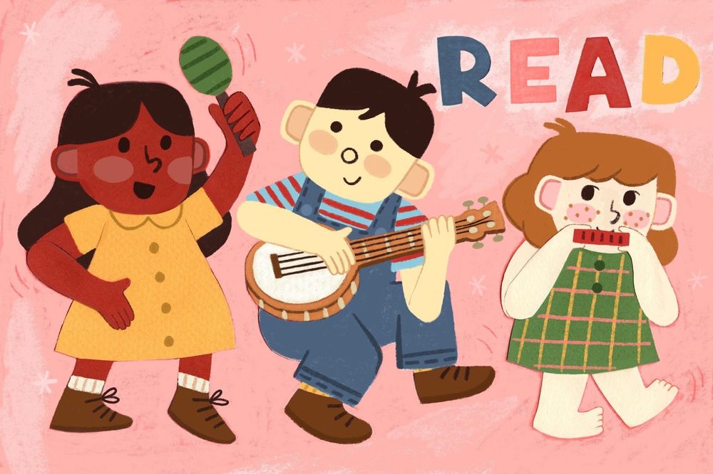 A group of diverse children playing folk music instruments against a pink background with the work "Read" in the corner.