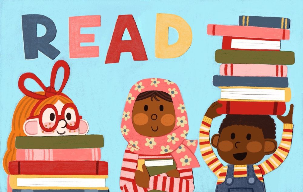 A group of diverse children holding books against a blue background with the word "Read" in the corner.