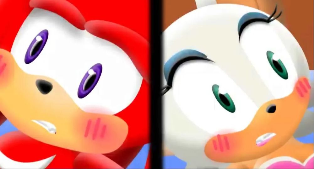 Knuckles and Rouge look embarassed