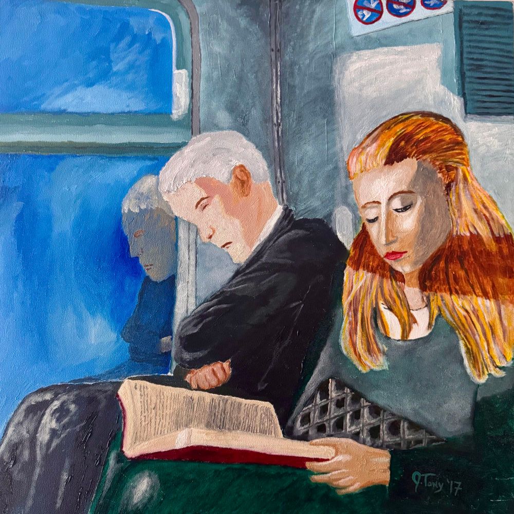 An oil painting showing an older white haired man wearing black and a young reflex haired woman wearing green riding in the back of a San Francisco public transit bus. The man is leaning against the window napping, with the window showing his reflection. The woman is sitting in a beam of sunlight reading a book with a black diamond patterned leather clutch in her lap. 20” x 20” oil on canvas, 2017 by JTony