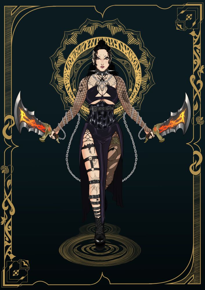 desenho de uma gótica com as blades of chaos do kratos de god of war. Ela tem ombreiras de fishnet. uns 10 cintos na perna direita. uma corda amarrada na perna esquerda e uma meia calça rasgada na perna direita. um vestido longo roxo até os pés e uma corrente com espinhos no pescoço. Varias tatuagens, undercut dos dois lados e um cabelo cacheado. olhos grandes, piercings no lábio, no nariz, de chifre e em cima dos dois lados e um na testa. O fundo é um azul esverdeado bem escuro indo para preto. Há uma borta em tons dourados com varios detalhes remetendo a art nouveau e decô. No meio há uma arte no atrás dela com formato de rosa também em dourado. Nos pés há um indicativo de andar na água desenhado também em dourado.
