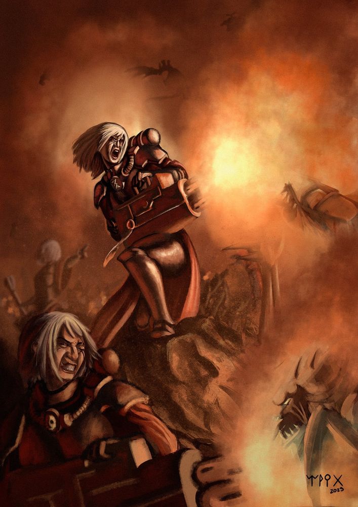 Sisters of Battle from Warhammer 40K fightingh Tyrannids with flame-throwers