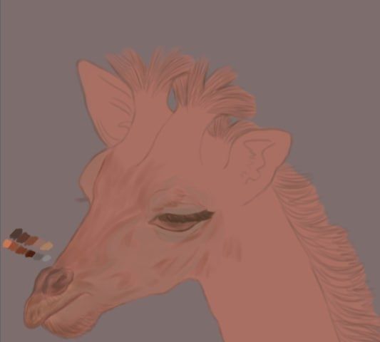 A digital art work in progress of a baby giraffe looking rather bored. 