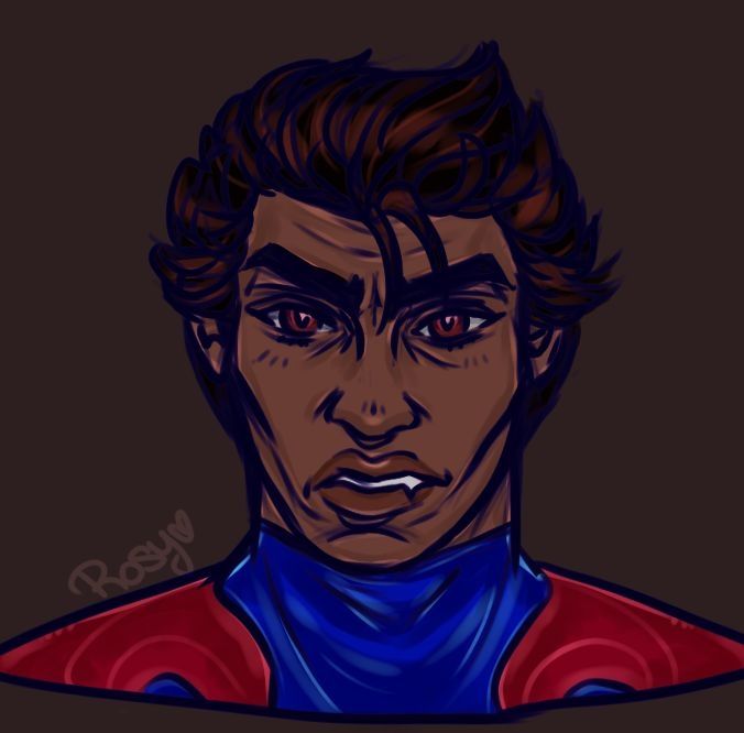 A digital art piece of Miguel O'Hara looking at the viewer with a slight frown. His fang sticking to his lower lip. A silly little atsv fanart. 