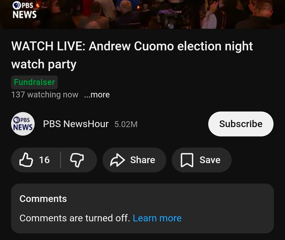 A screenshot from the live stream of Andrew Cuomo's election night watch party. There are 16 thumbs up and comments are disabled.