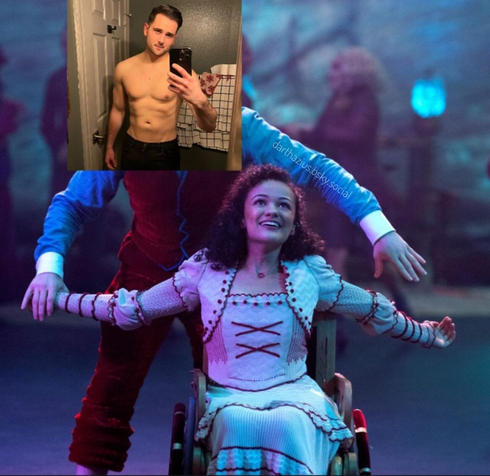 An image of Nessarose dancing with Boq in a movie still from Wicked, except Boq's face has been replaced with the image of a bot that's plaguing Bluesky