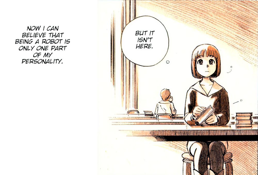 Case du manga Yokohama Kaidashi Kikou de Hitoshi Ashinano : Kokone Takatsu, l'un des personnages principaux, pense "Now I can believe that being a robot is only one part of my personality"