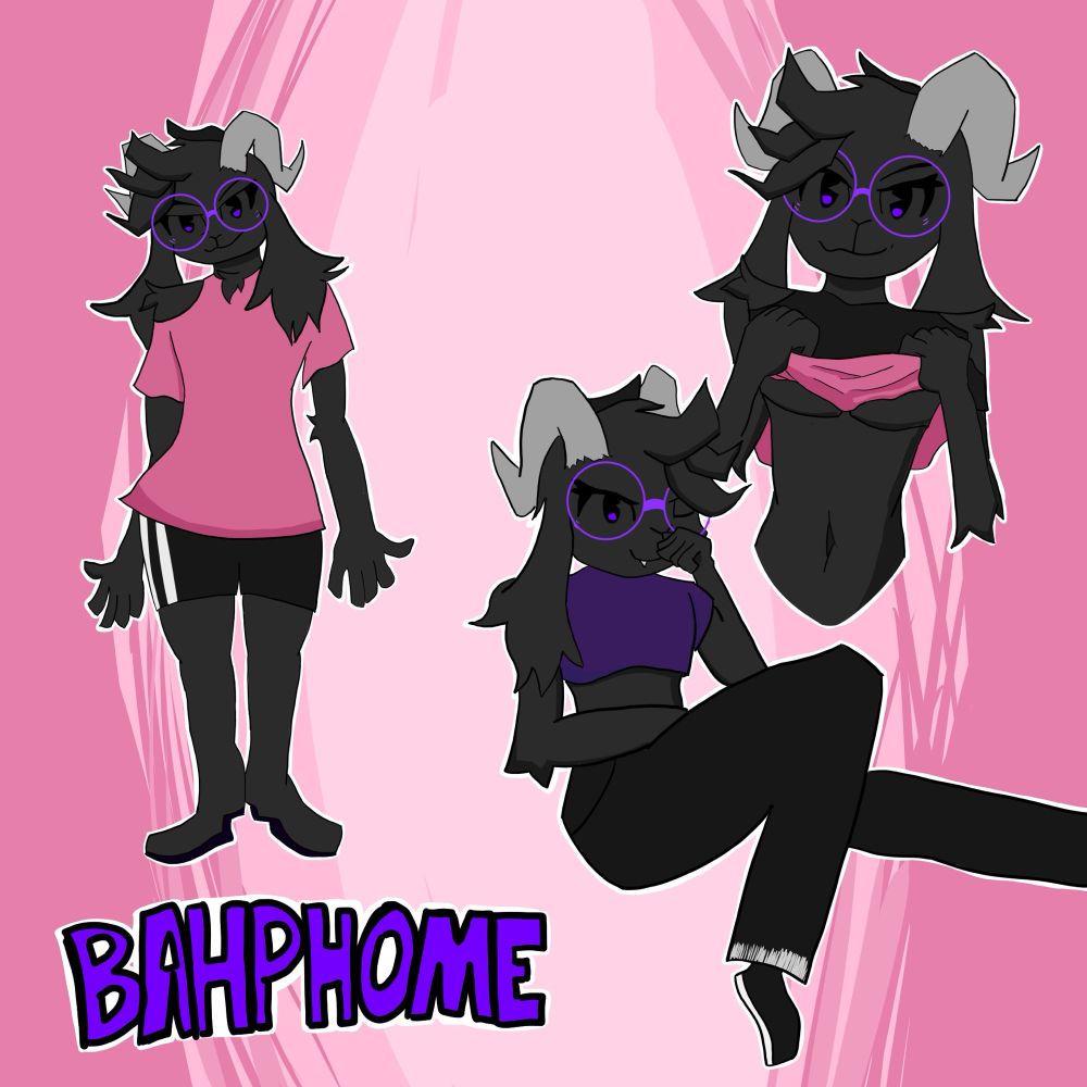 Multiple drawings of an anthropomorphic goat named Bahphome. They have black fur, grey horns, round purple glasses, and feminine clothing.