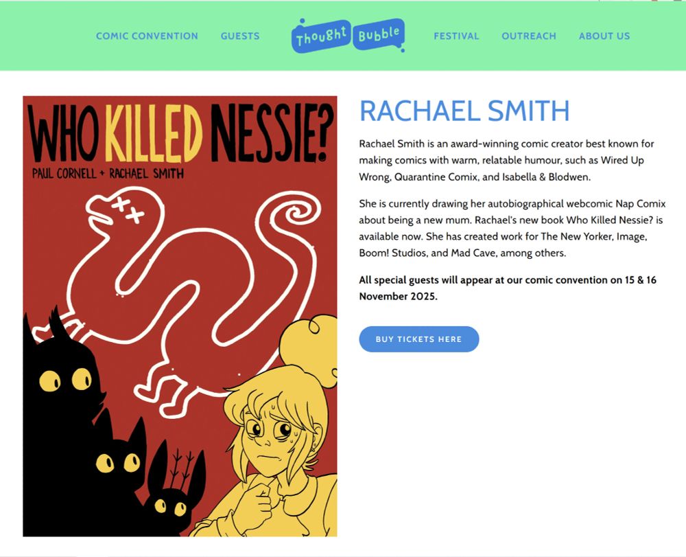 Rachael's guest announcement on the Thought Bubble website. There's an image of the front cover of Rachael's book WHO KILLED NESSIE?