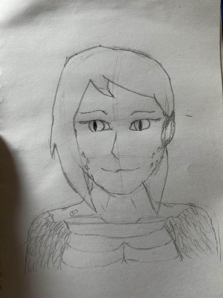 A pencil sketch headshot of a girl with snake eyes and shoulder length hair pulled behind one ear, her body is covered in scales and she has small scales scattered across her cheeks