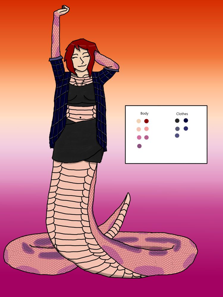 A women with red hair covered almost completely in light pink and purple colored scales with a long serpent tail instead of legs. She is wearing an open blue plaid shirt with black cloth wrapped around her chest and waist. She is stretching her arms out to the sky.