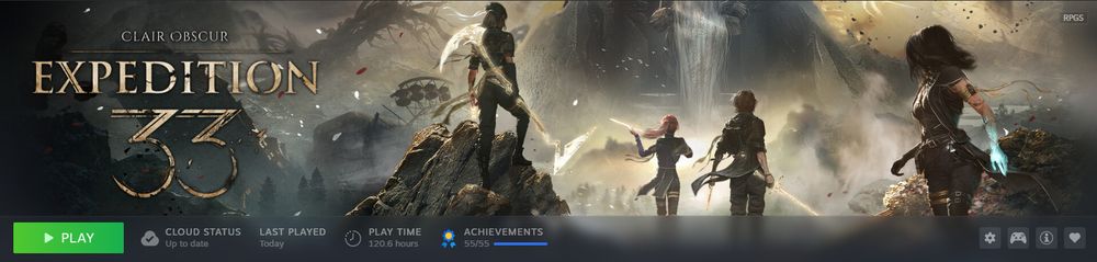 A screenshot of the steam library page for Clair Obscur: Expedition 33. there is 120.6 hours played and all 55 achievements earned.