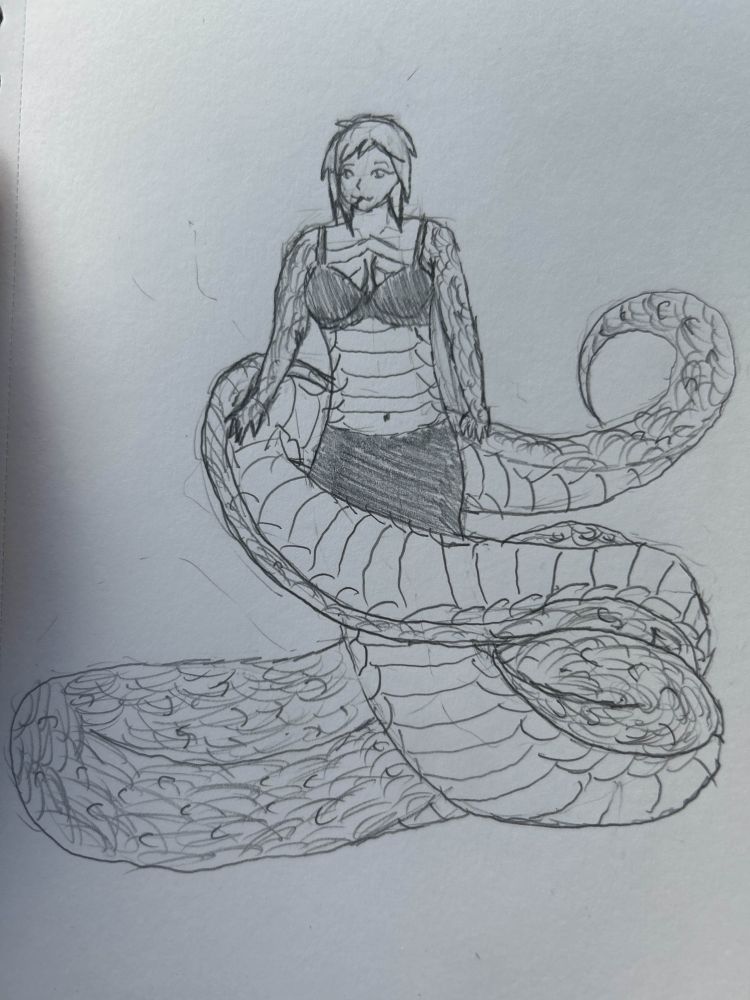 A pencil sketch of a lamia wearing a bra and a skirt with a long tail wrapping around and behind her so that she can lean against it.