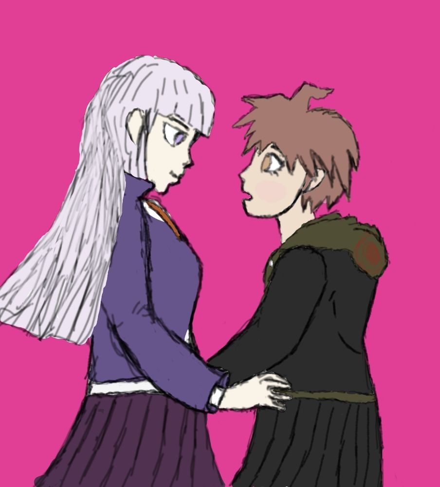 Artwork of kyoko kirigiri and makoto from danganronpa. They are facing each other and kyoko is holding on to makotos waist