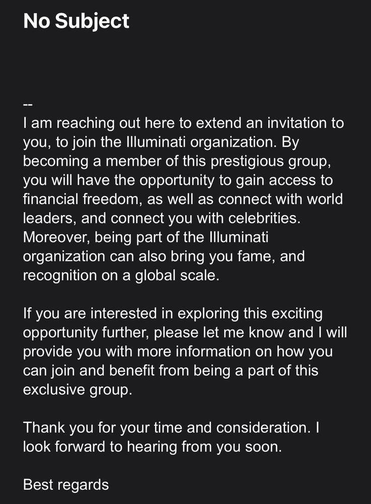 An email extending an invitation to join Illuminati