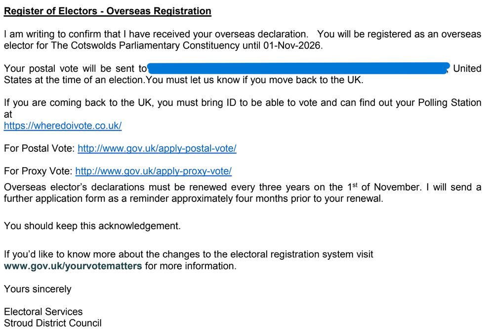 Screenshot of email confirmation from the Stroud District Council that I'm registered to vote overseas from the US!