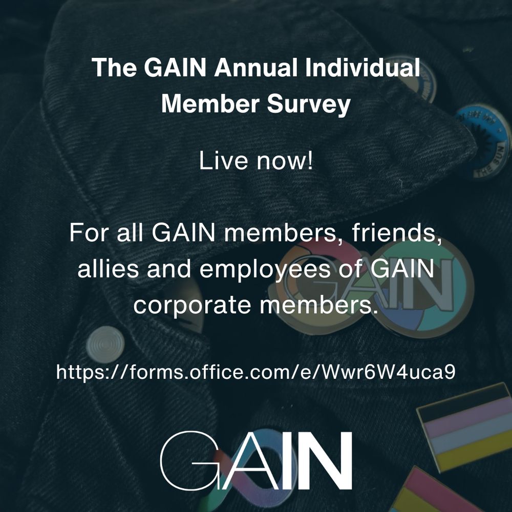 A close-up view of a black denim jacket lapel, with various pin badges.  One badge showcases the GAIN logo over a stylised version of the rainbow infinity neurodiversity symbol.  The whole image is faded out, with text overlaying it.  The text directs people to go to the web address mentioned in the main post.