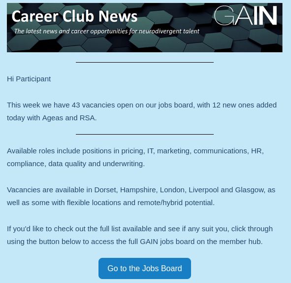 A screenshot showing the introductory section of a GAIN Career Club email, which outlines how many new vacancies are live, their locations and broad role categories, with a button link to the jobs board.