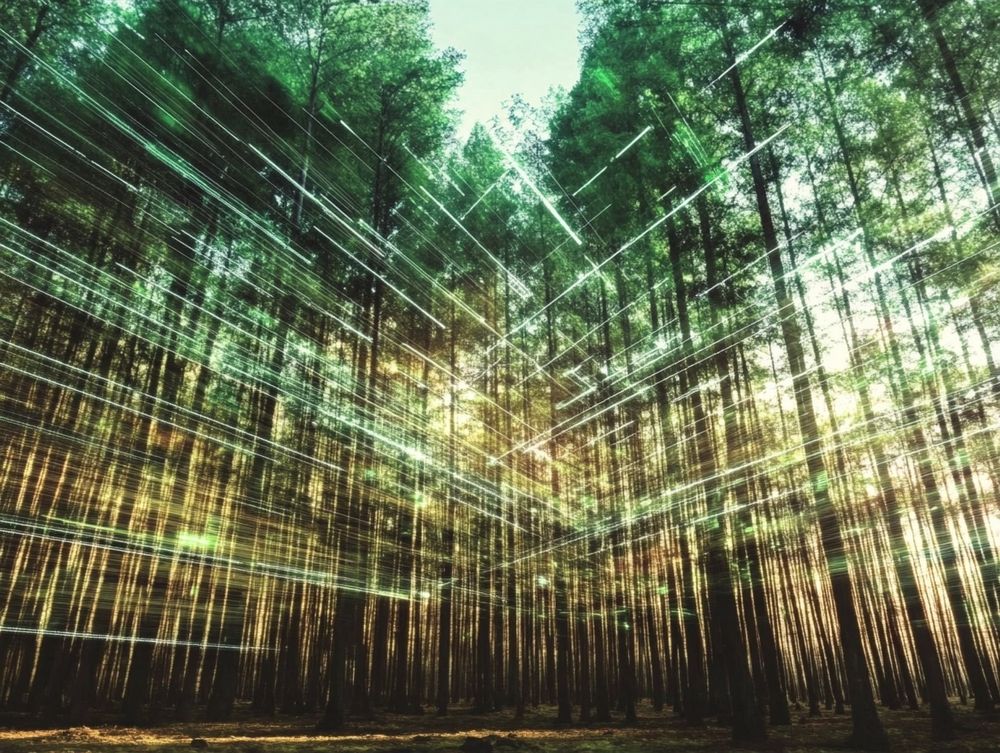 A lush green forest with tall trees and sunlight filtering through the canopy. Overlaid with dynamic, glowing lines resembling digital streams or light beams, adding a futuristic, ethereal effect to the natural scene.