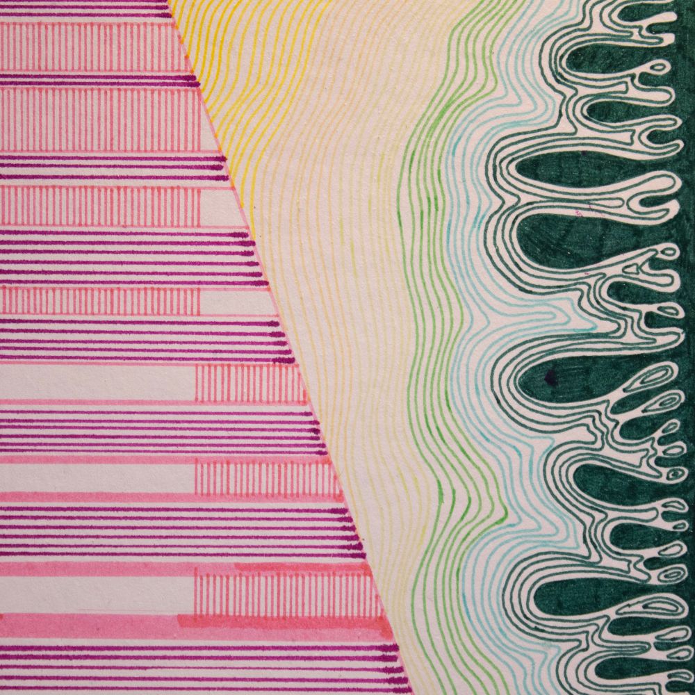 Another pen drawing of a bunch of lines! The left half is straight lines horizontally and vertically in shades of pink. The right half is wavy lines in a gradient from yellow to dark green.