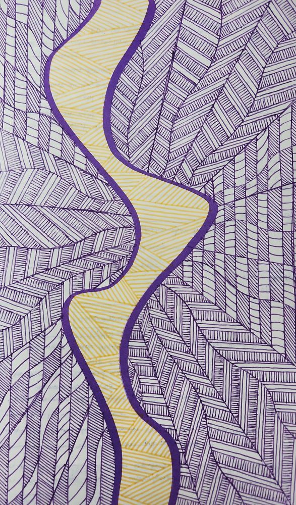 A marker doodle of a page filled with purple and yellow lines. The yellow lines are in the center as a sort of wavy river shape, bordered by very heavy purple. The rest of the page is purple lines expanding outward from the middle.