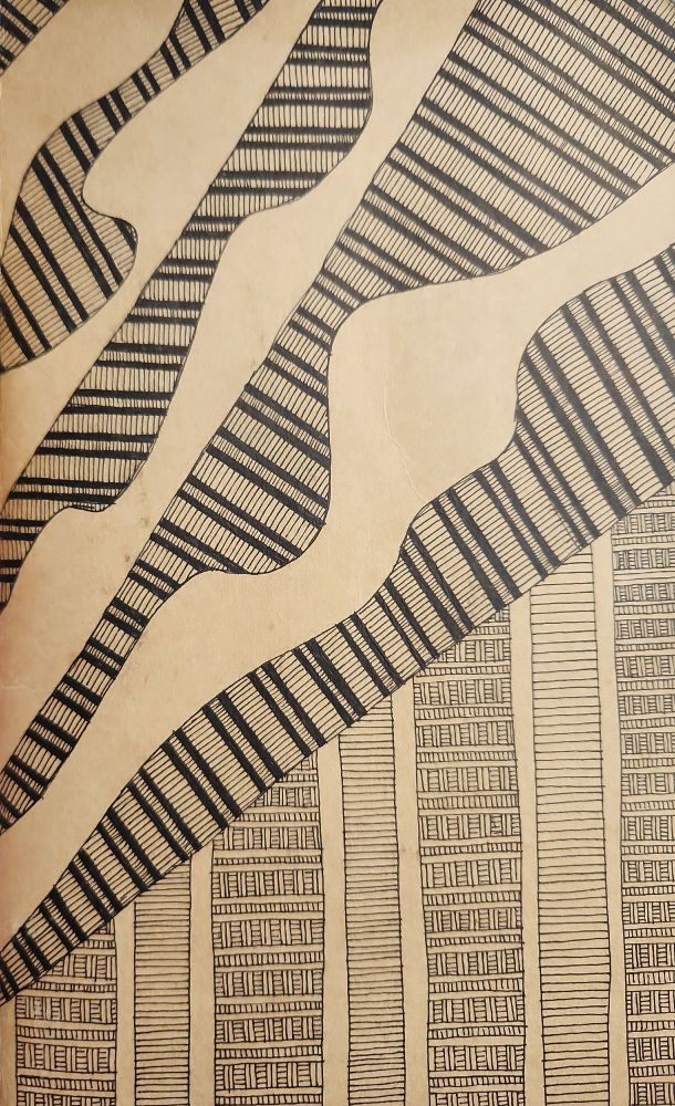 A pen drawing on the cover of a brown moleskine sketchbook. The top half or so is mostly wavy stripes, alternating between the plain cover and stripes filled with more, smaller stripes. The bottom is vertically arranged and the little lines sort of suggest library shelves.