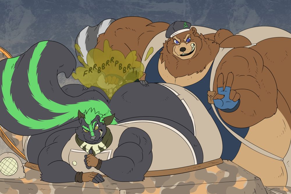 Frenzy (dark gray skunk) and Hakon (brown bear) smile and pose for the camera for their mercenary group. Frenzy emerges from the hatch of tank with a thumbs up while Hakon is behind holding up a peace sign with one hand; the other hand is holding Ray (gray skunk) face deep in between Frenzy’s butt. Frenzy also lets out a small fart directly on Ray’s buried face.