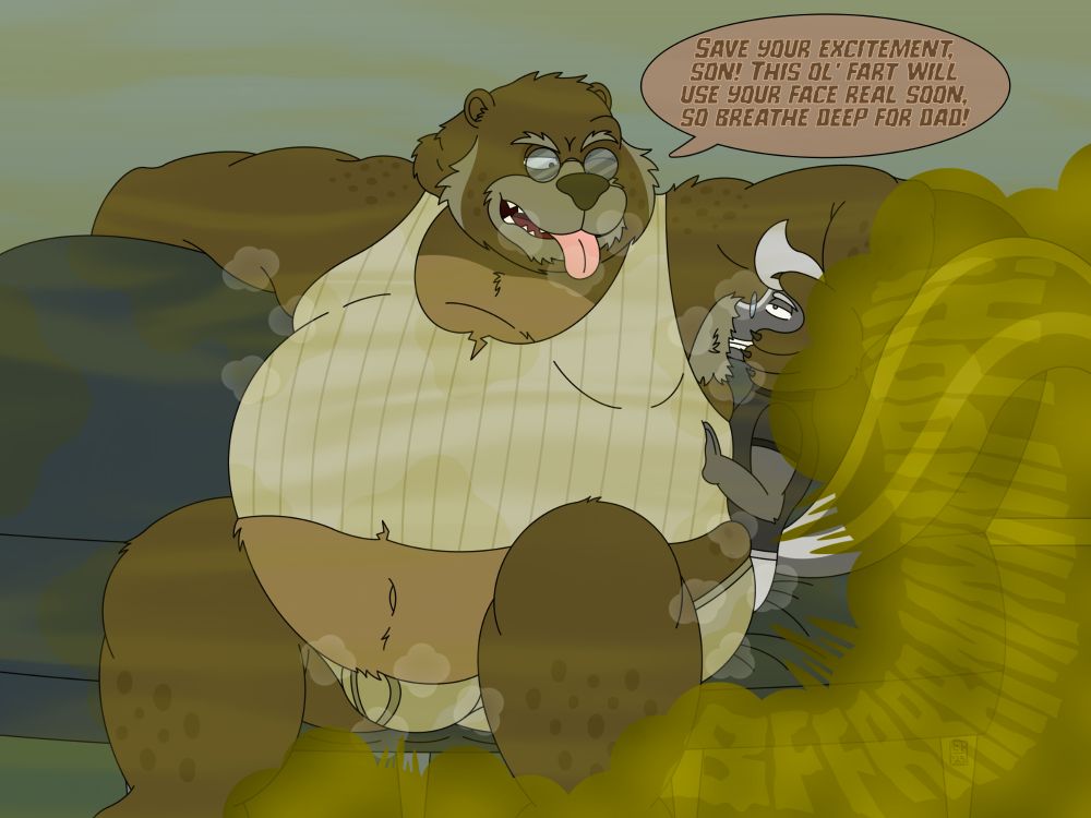 Tolstoy (brown bear) sitting on a dirty couch with Ray (gray skunk) pinned by his side. Tolstoy grabs the back of Ray's head and pushes him into his pits, forcing the skunk to sniff. Tolstoy also lets out a fart, blasting Ray's direction with green gas.

Tolstoy: "Save your excitement, son! This ol' fart will use your face real soon, so breathe deep for dad!"