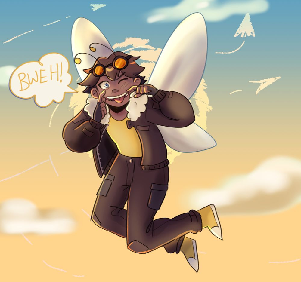 a bee hybrid guy floating in the sky, pulling out his tongue and going 'bweh!'