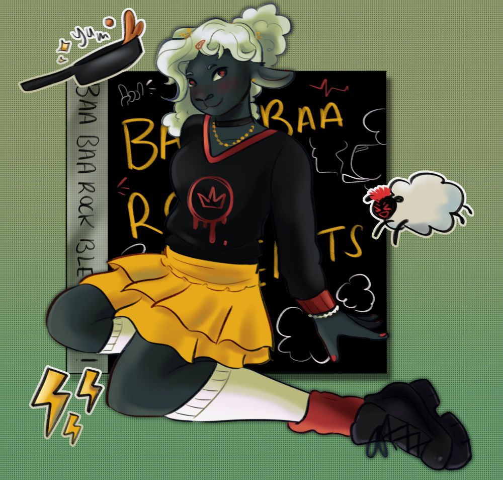 drawing of a sheep girl sitting in front of an album cover named 'baa baa rock bleats'