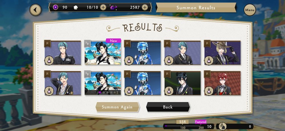 Screenshot of Twisted Wonderland ten roll with 2 copies of SR Malleus (Seaside Suit)