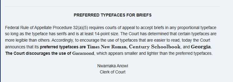 A notice from the U.S. Court of Appeals for the Fourth Circuit titled "Preferred Typefaces for Briefs" identifying Times New Roman, Century Schoolbook, and Georgia as the Court's preferred fonts. It discourages the use of Garamond.